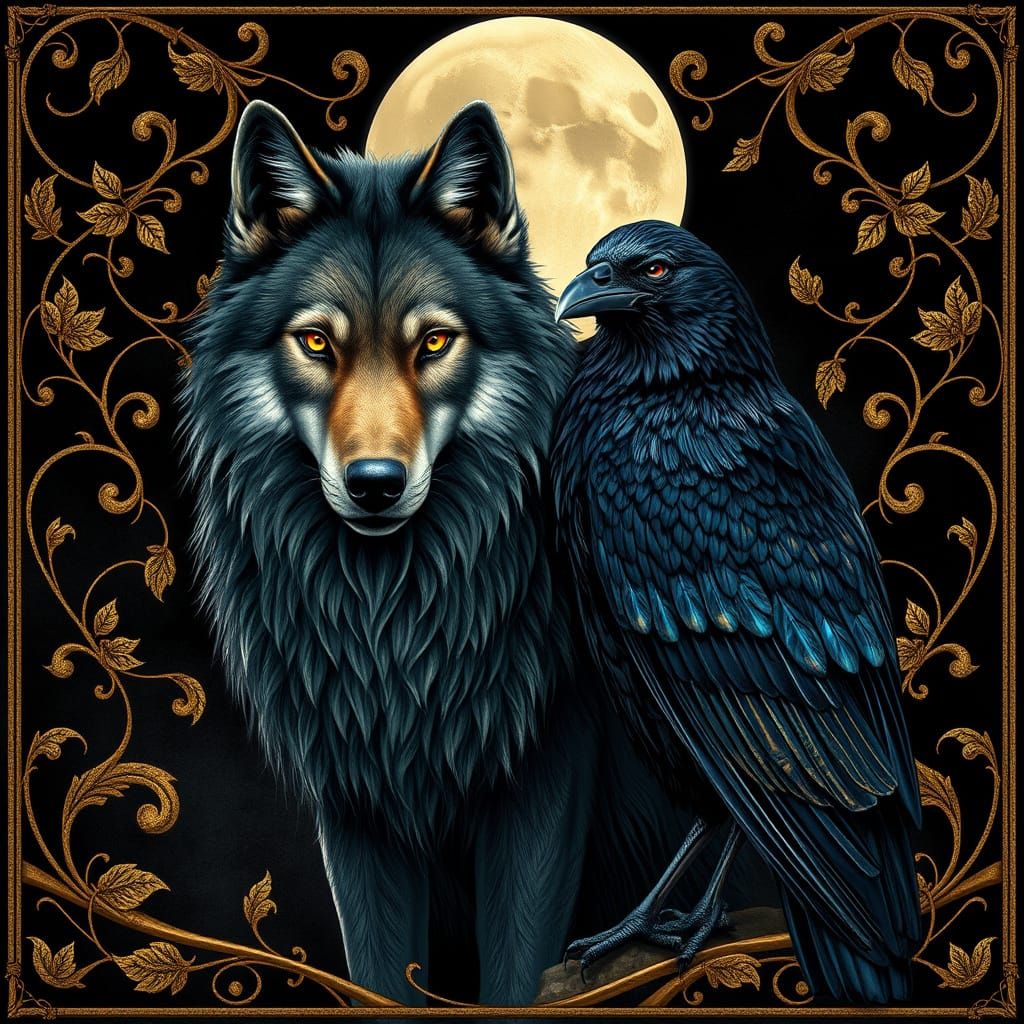 Wolf and Raven in Art Nouveau Elegance
