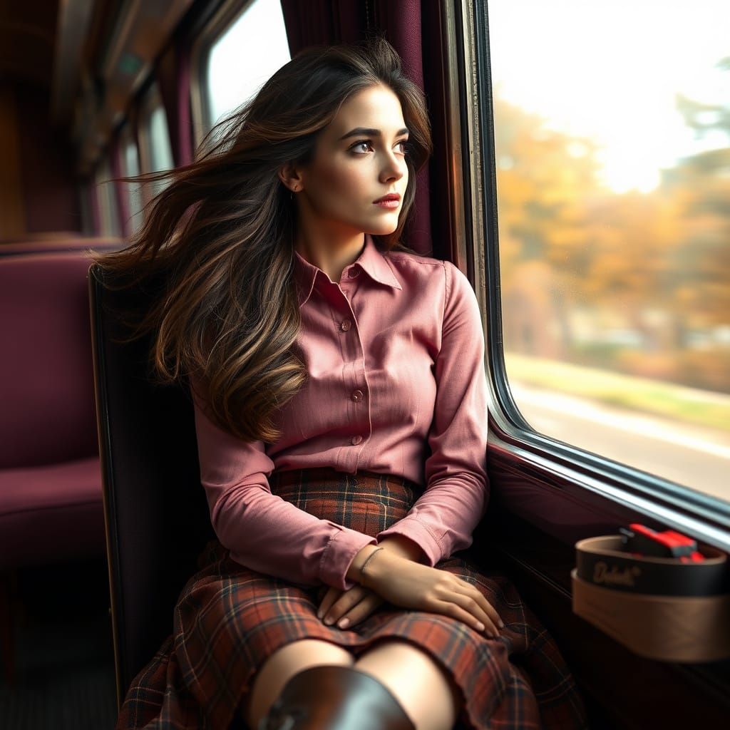 Mysterious Young Woman Contemplates Autumn Landscape by Trai...