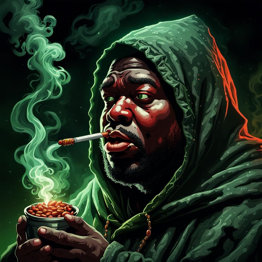 Dark Fantasy: Man Smoking Baked Beans in Bong