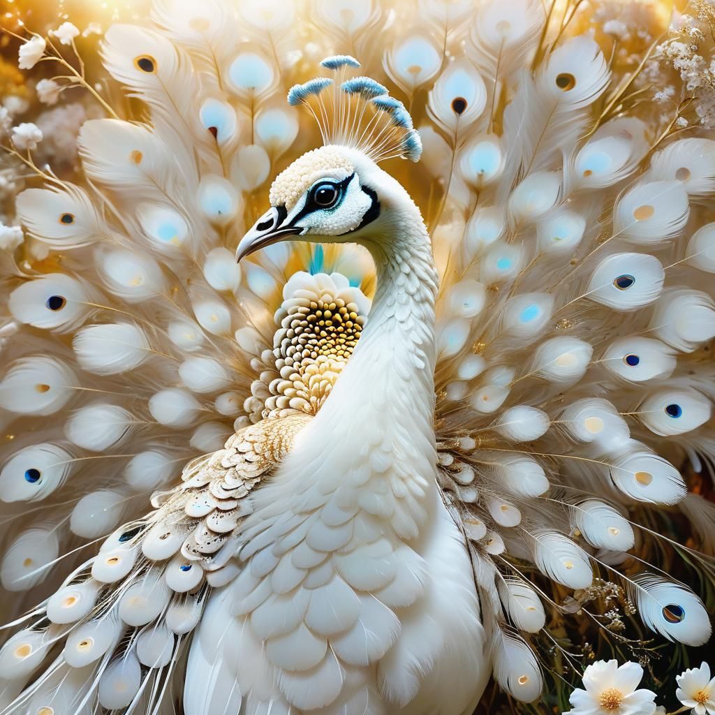 Ethereal White Peacock in Surreal Flower Garden