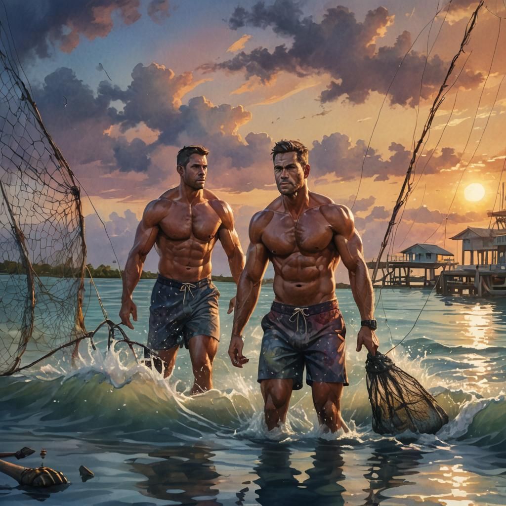 Impressionist Watercolor of Man Fishing at Dusk