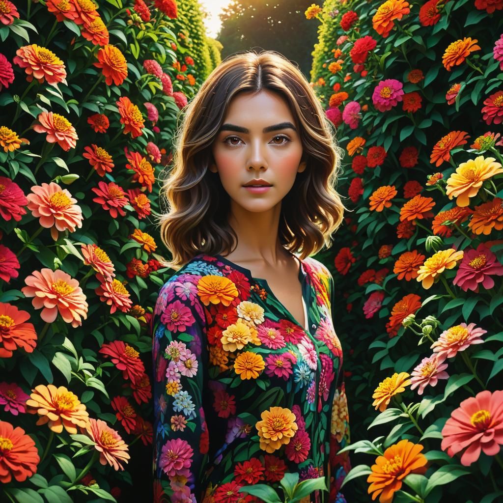 Woman in Zinnia Maze: Hyperrealistic Splash Art
