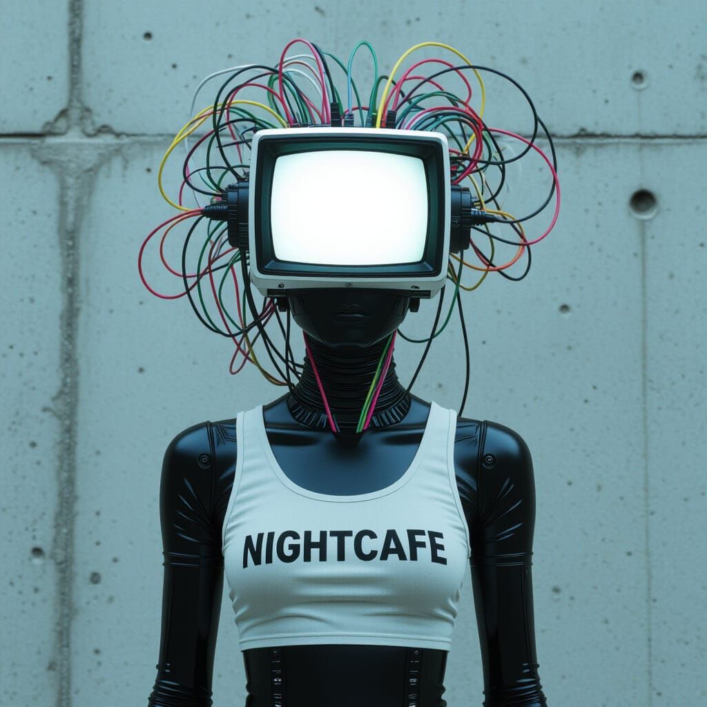 Cyberpunk Humanoid with CRT TV Head in High Contrast