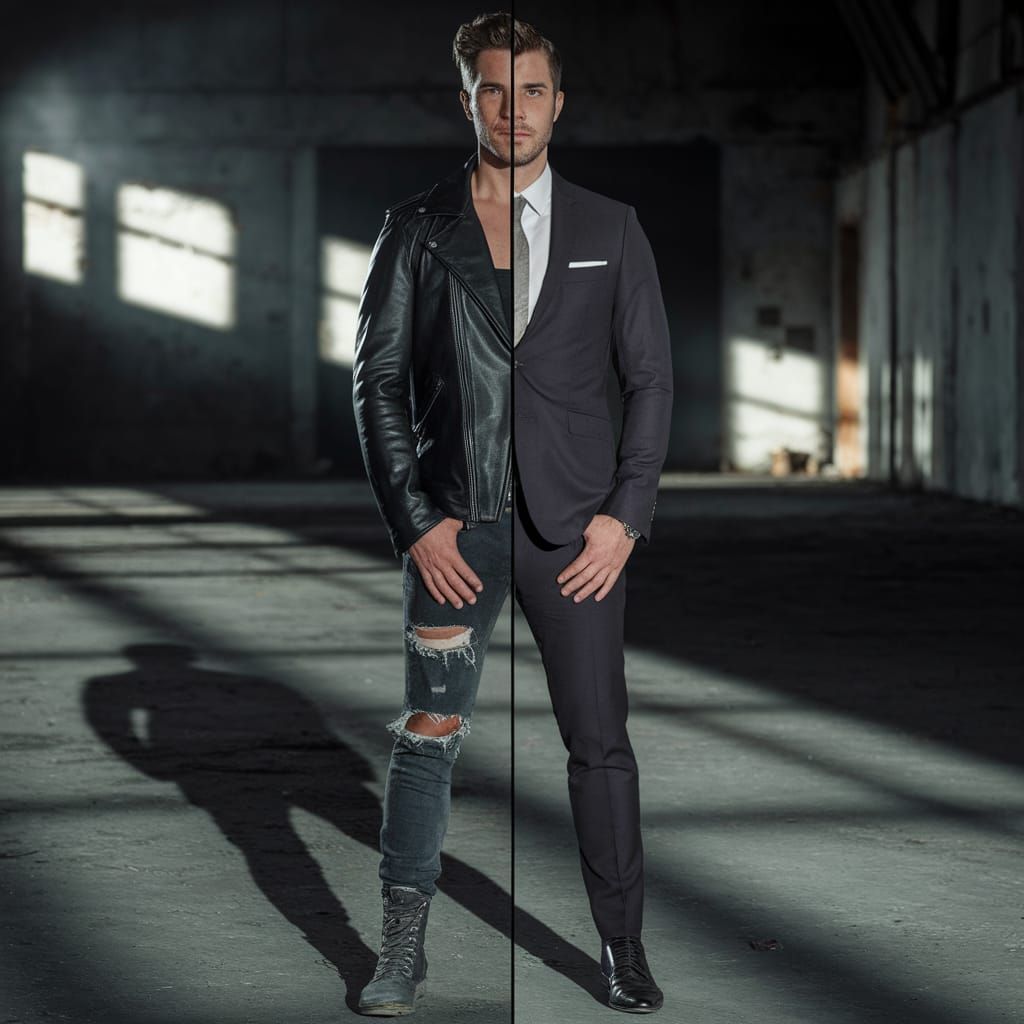 Dual Identity Portrait in Gritty Warehouse Setting