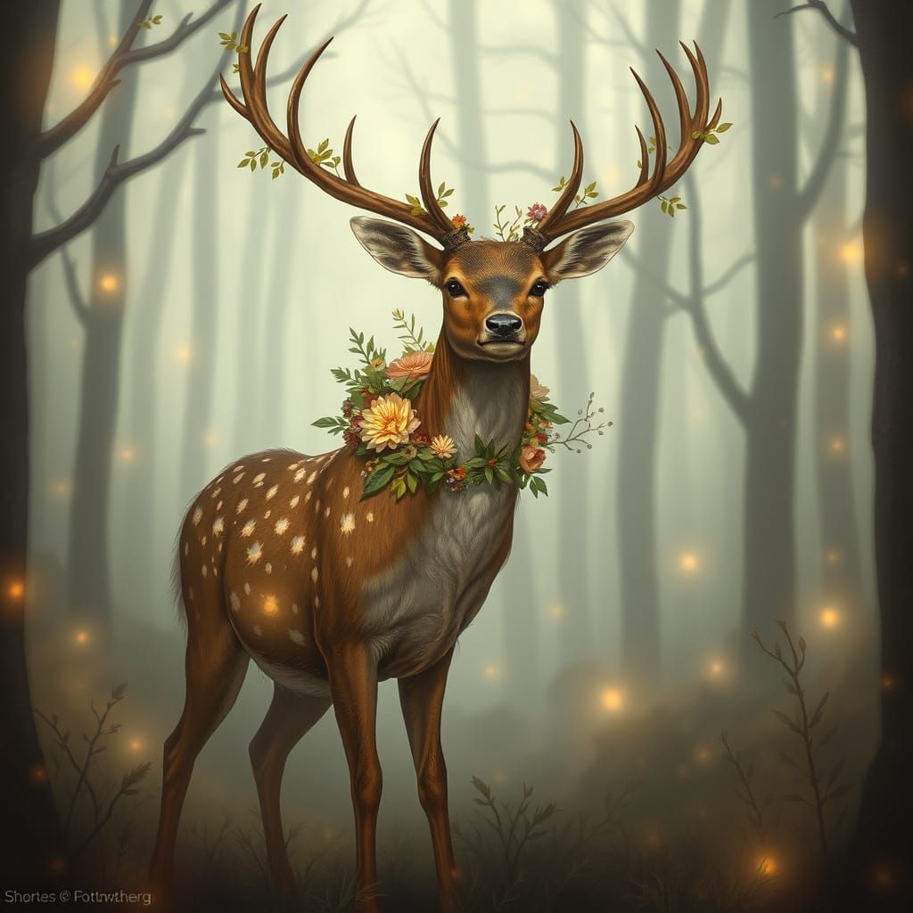 Mystical Deer in Misty Forest, Whimsical Realism