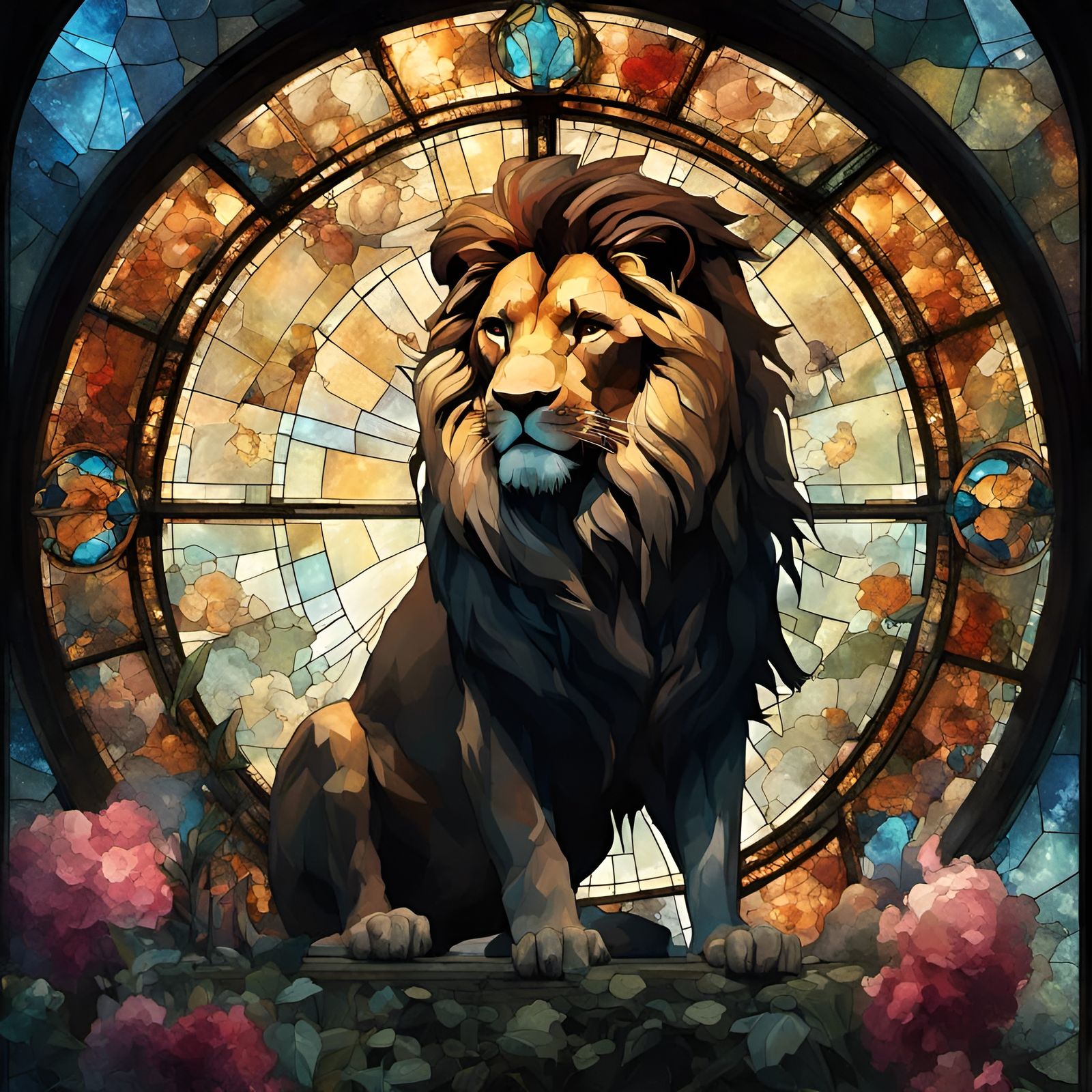 Lion and Flowers Stained Glass in Dark Colors