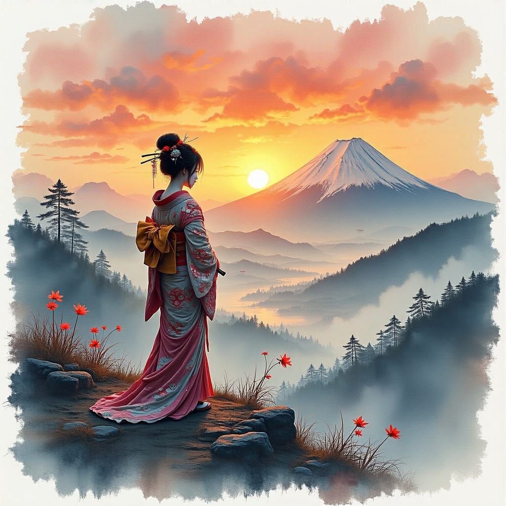 Ethereal Geisha Amidst Japanese Sunset, Oil Painting with Wa...