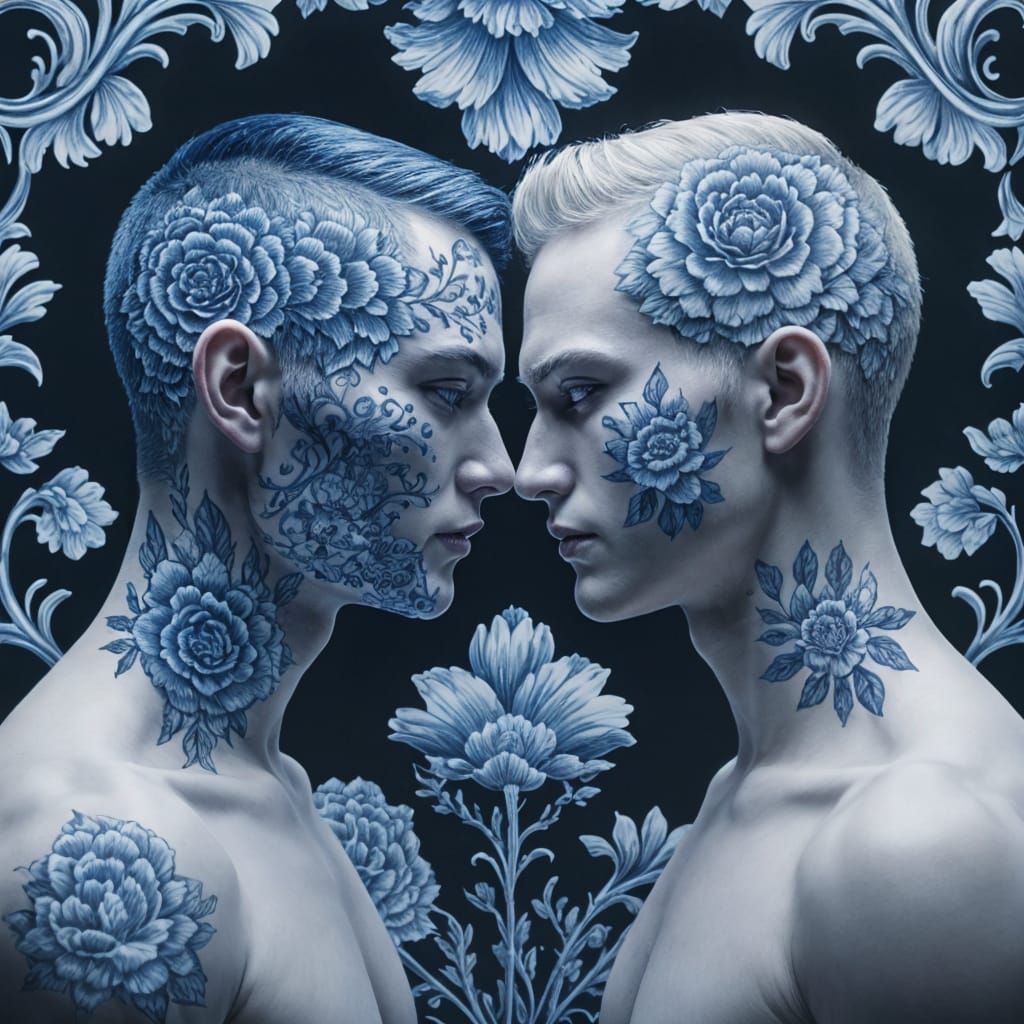 Ethereal Masculine Portrait in Blue Chinoiserie Floral Patte...