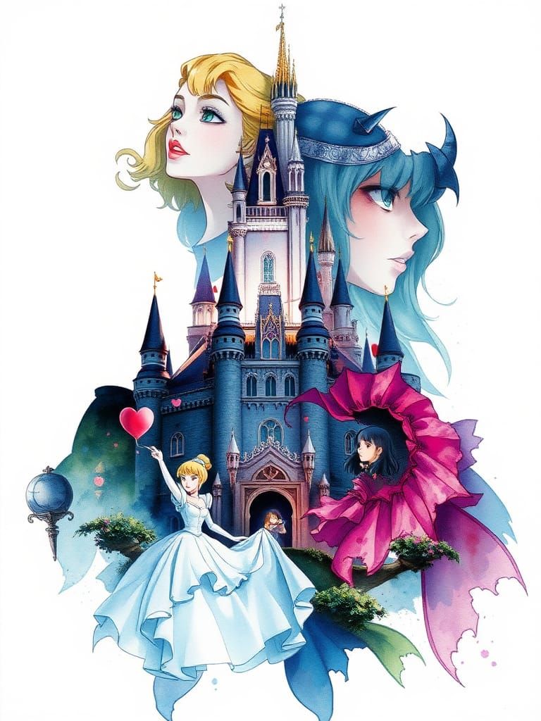 Cinderella Double Exposure: Anime Movie Poster in Watercolor