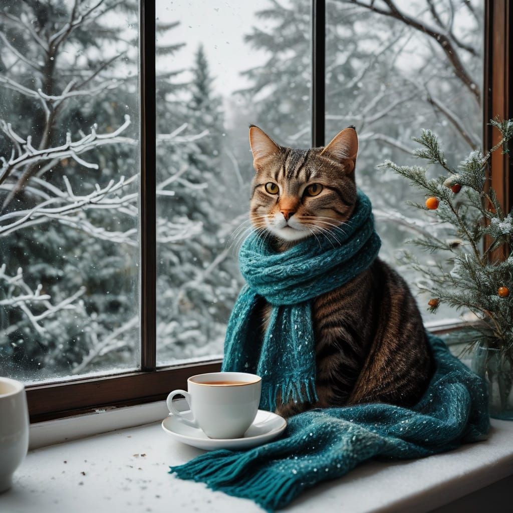 Cozy Cat in Vibrant Scarf Sips Tea by Frosty Window
