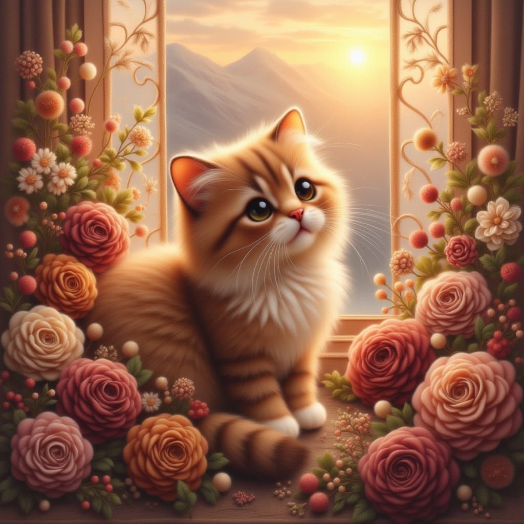 Fluffy kitten on window sill