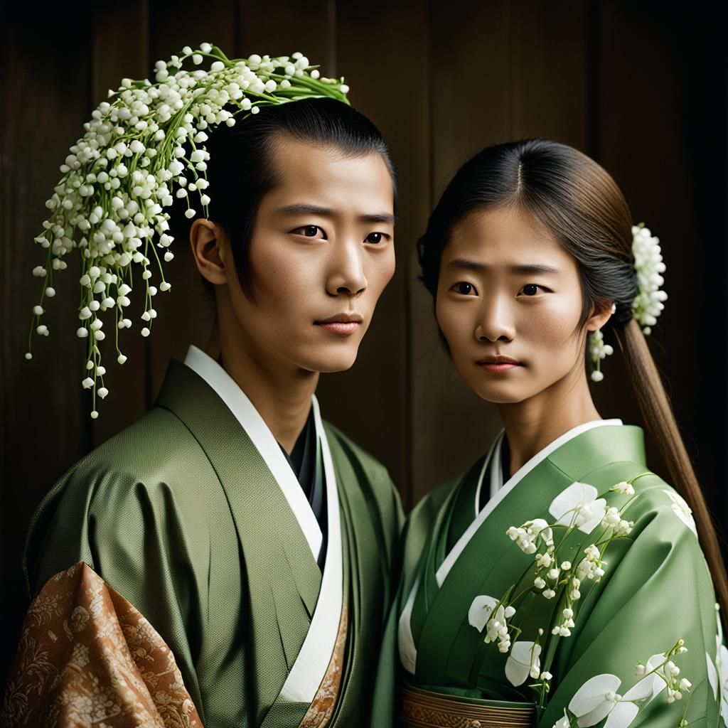 Japanese Bride slender long braided hair with lily of the va...