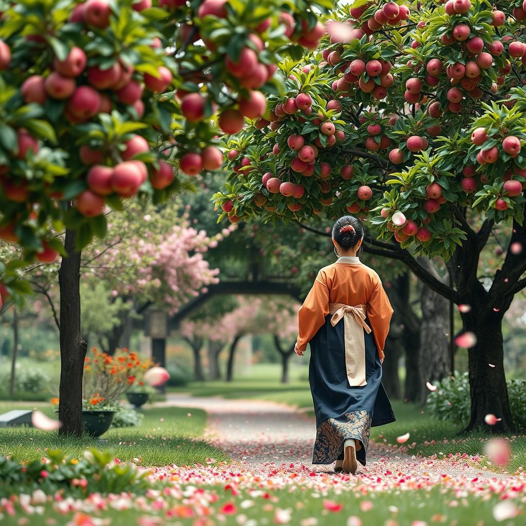 Woman in Garden with Apple Tree: Hyperrealistic Style