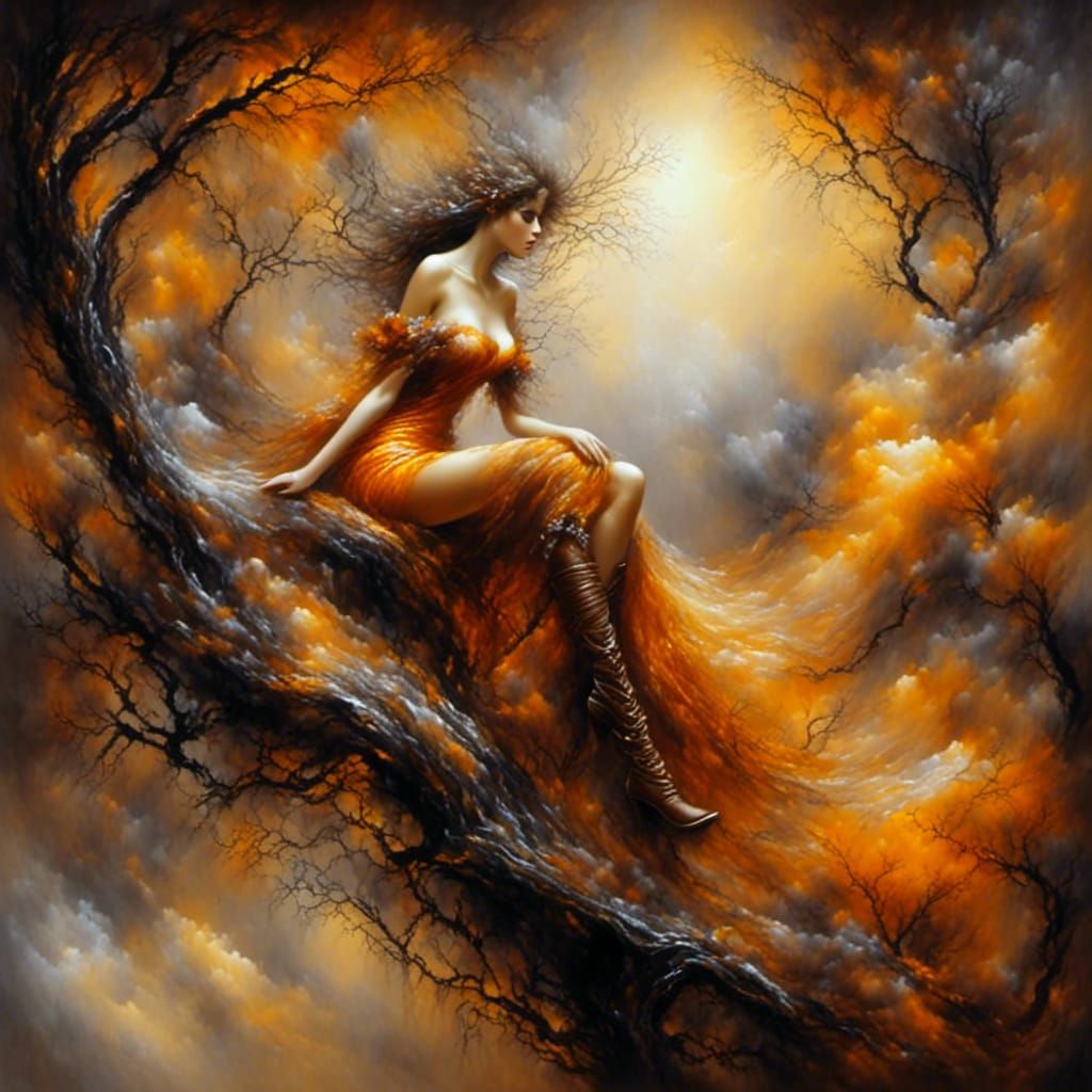 Detailed Portrait of Woman on Swing with Abstract Elements