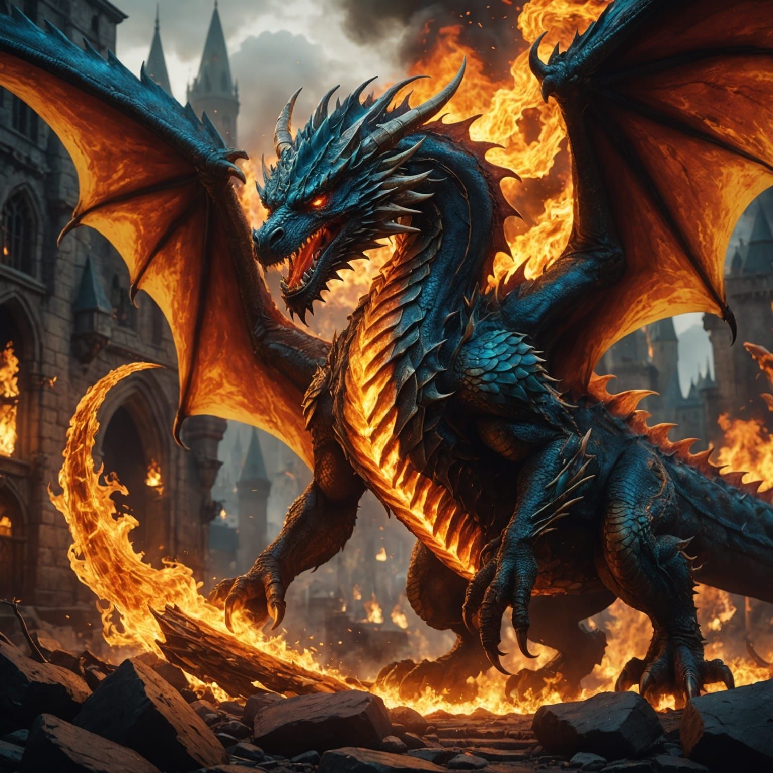 Fiery Buffalo-Dragon Hybrid Fantasy Concept Art