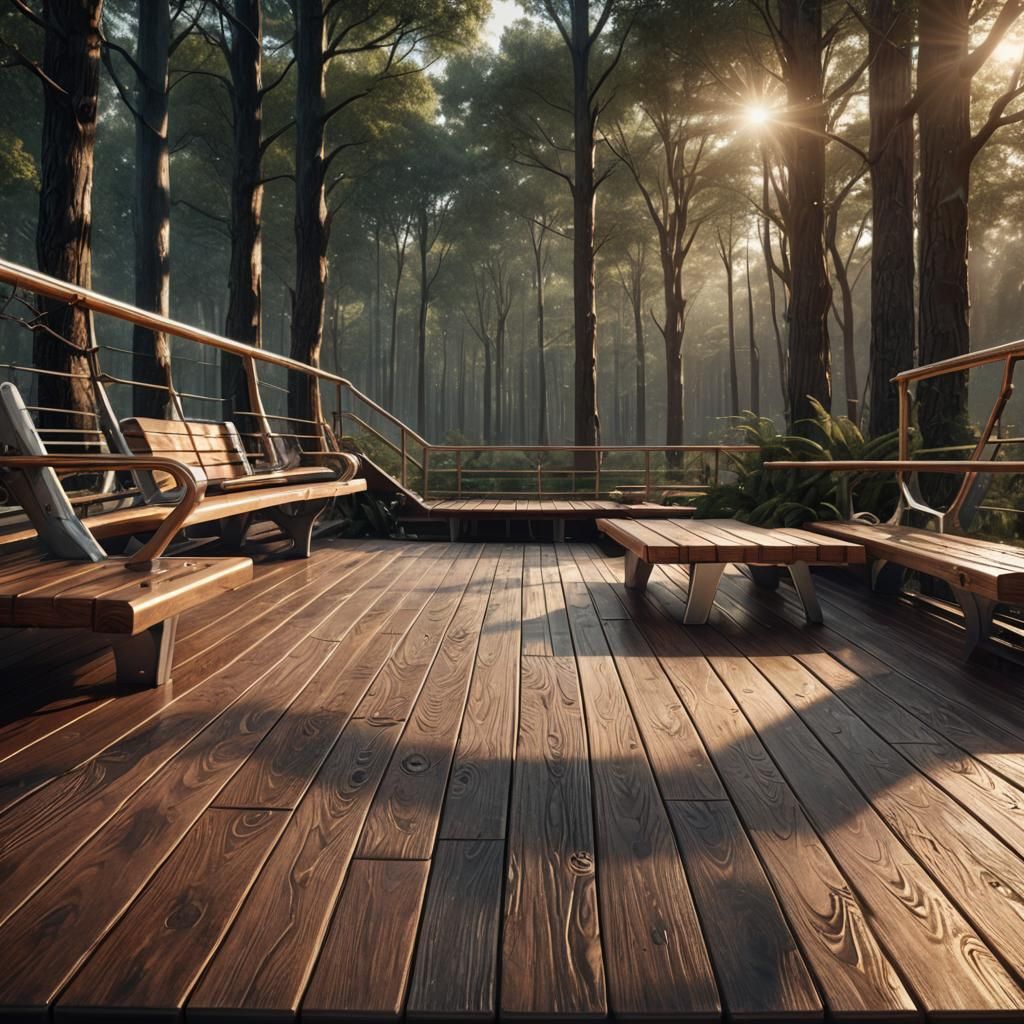 Futuristic Sci-Fi Wooden Deck with Forest View