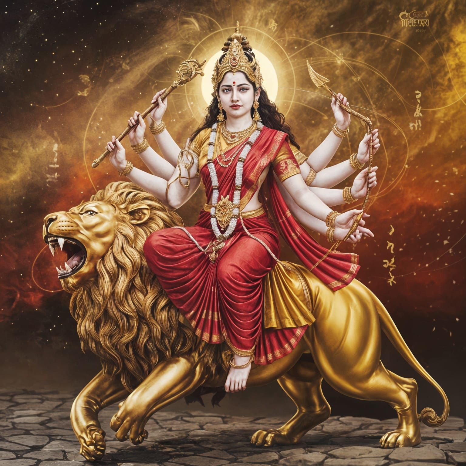 Celestial Goddess Maa Chandraghanta Seated on Golden Lion