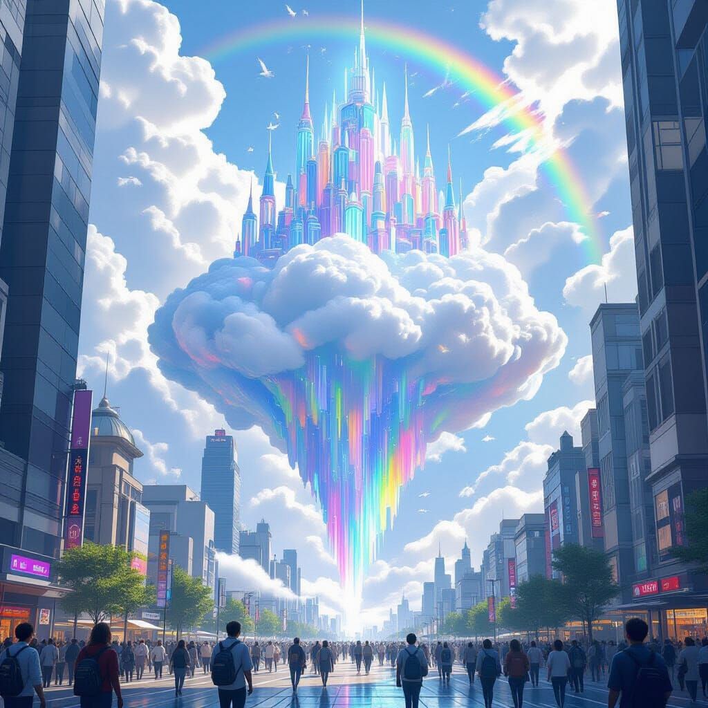 Crystalline Cloud Palace Over Modern Cityscape
