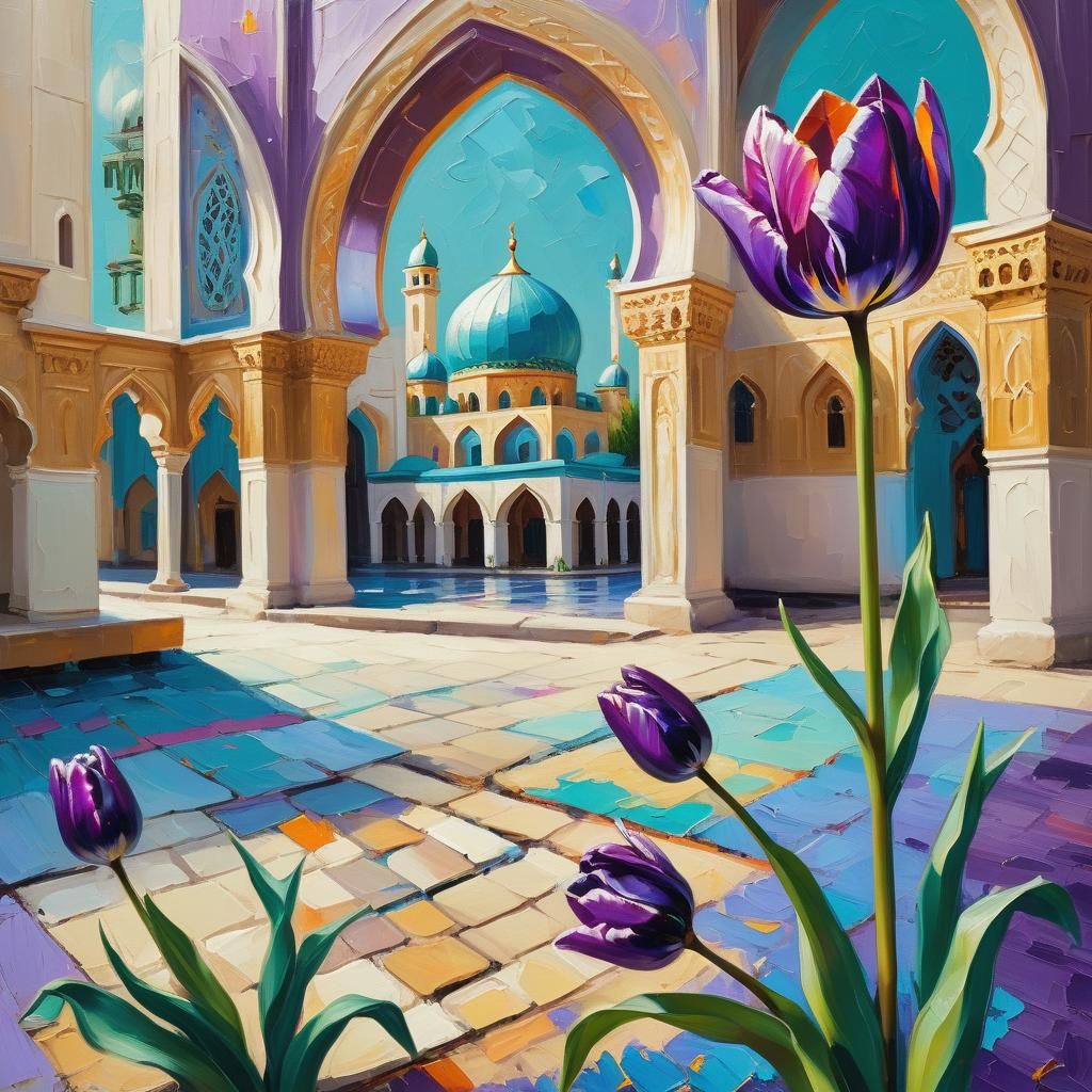 Ottoman Lace and Purple Tulip: Neo-Impressionist Oil Paintin...