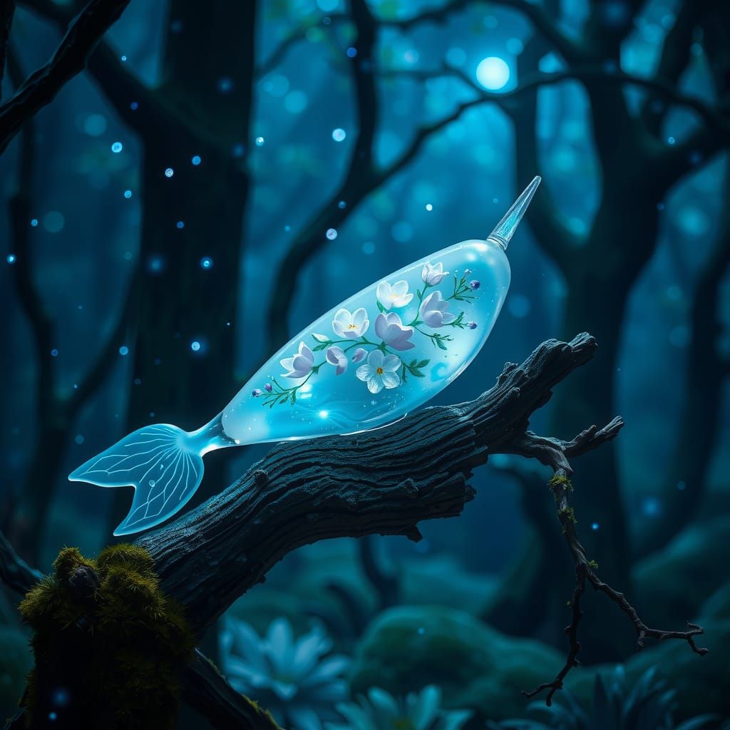 Luminous Narwhal Shell Sculpture in Mystical Forest
