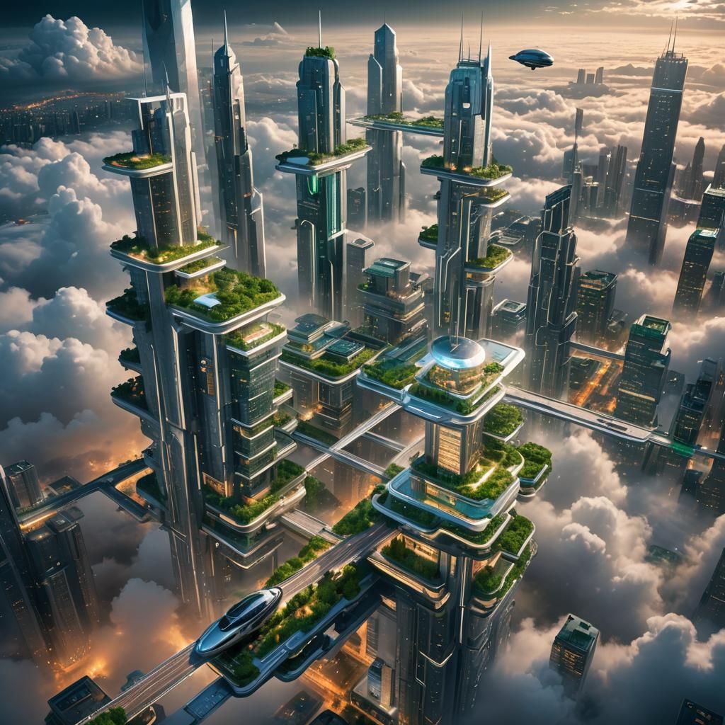 Futuristic City Floating in Clouds: Matte Painting