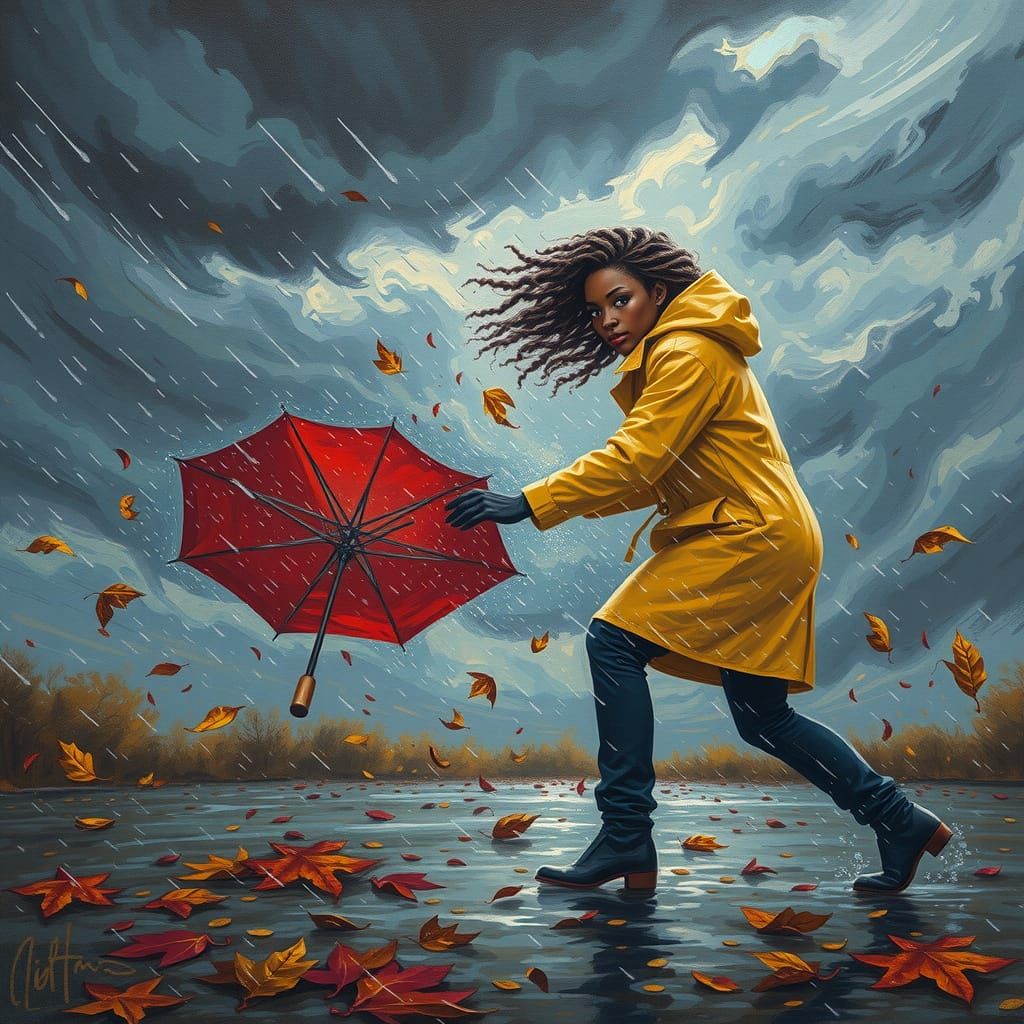 Stylized Painting of Woman in Autumn Storm