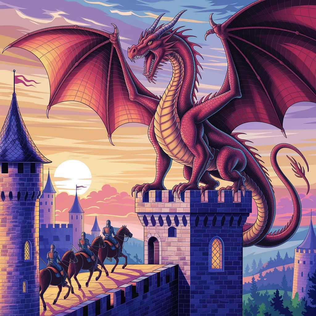 Medieval Fantasy Scene in Golden Sunset