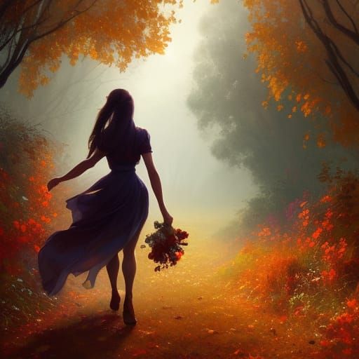 Girl with Flowers on Autumn Path: Hyperdetailed Portrait
