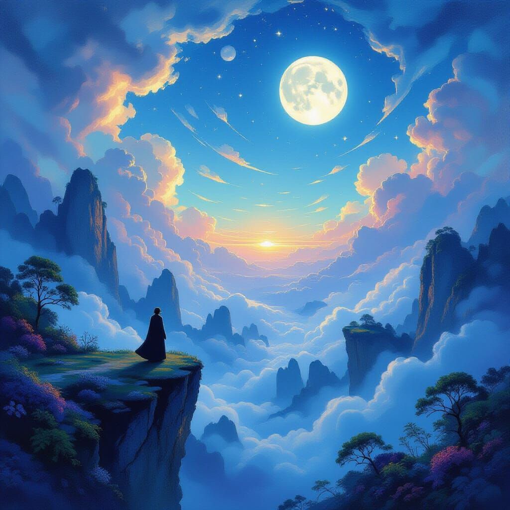 Dreamlike Fantasy Landscape with Floating Islands and Twin M...