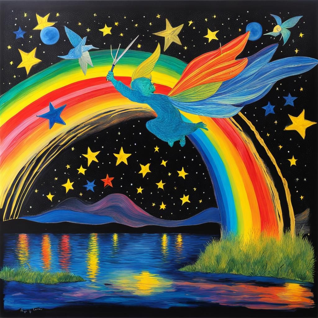 Fairies on Starry Night as Surreal Child's Drawing