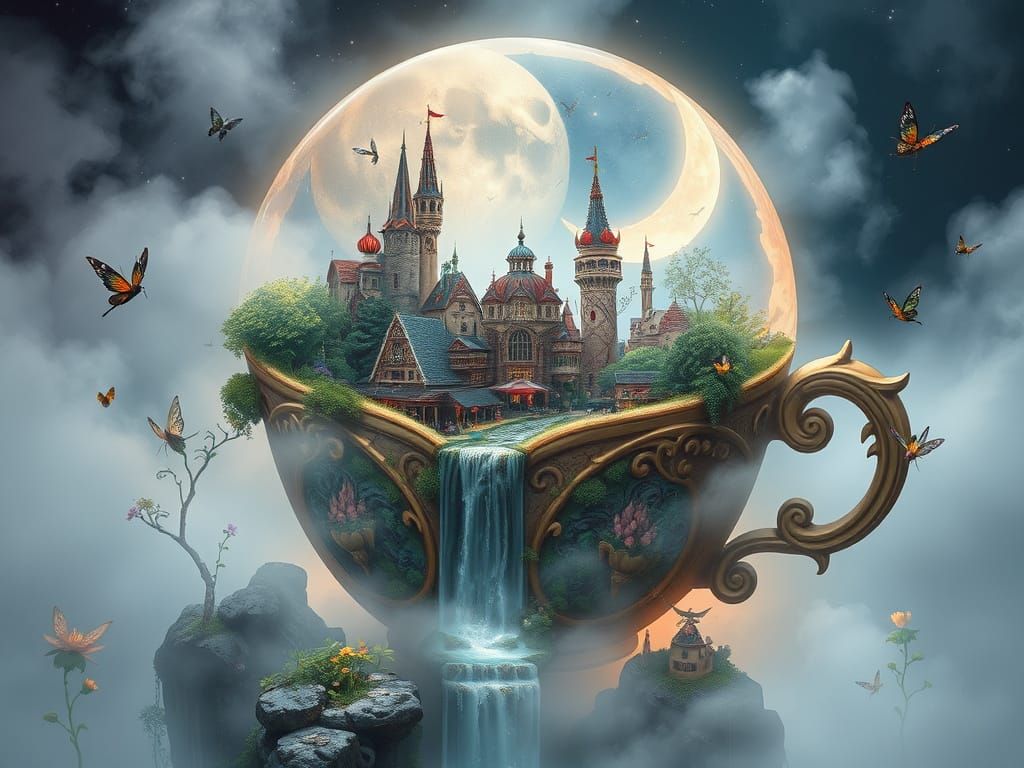 Misty Faerie Village Inside Moon Teacup