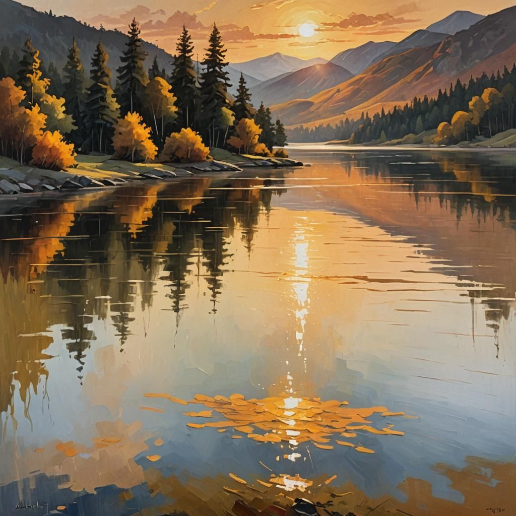 Golden Sunset Over Serene Lake: Oil Painting