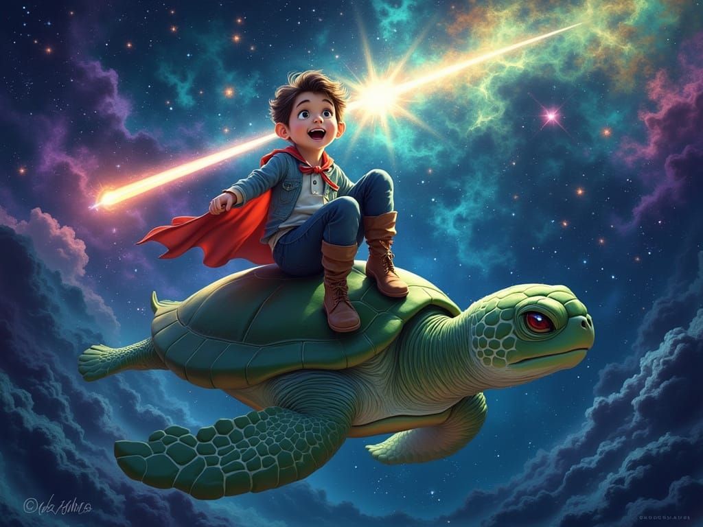 Boy Rides Galactic Turtle Through Nebula