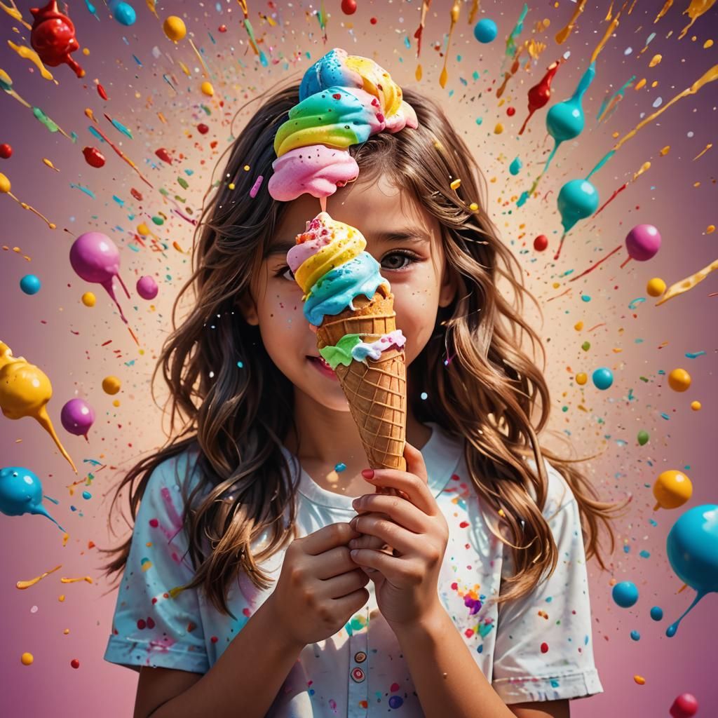 Girl with Colorful Ice Cream Cone, Hyperrealistic Art