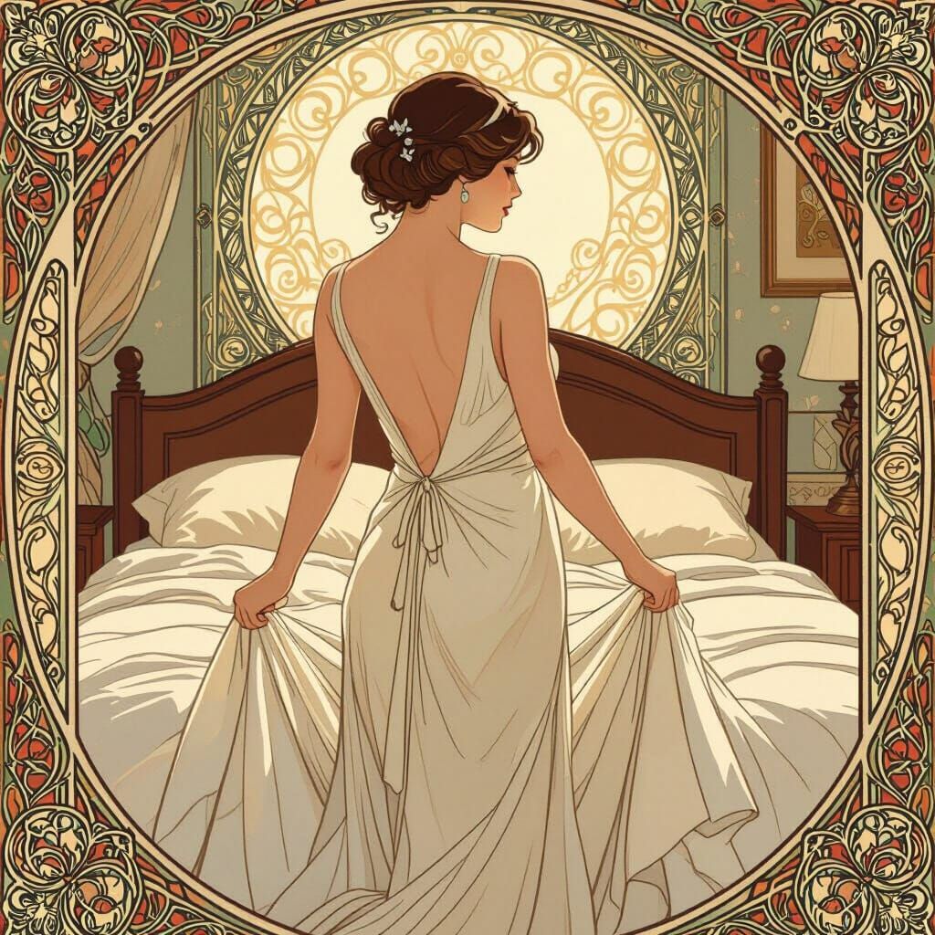 Elegant Lady in Nightgown, Art Nouveau Style
