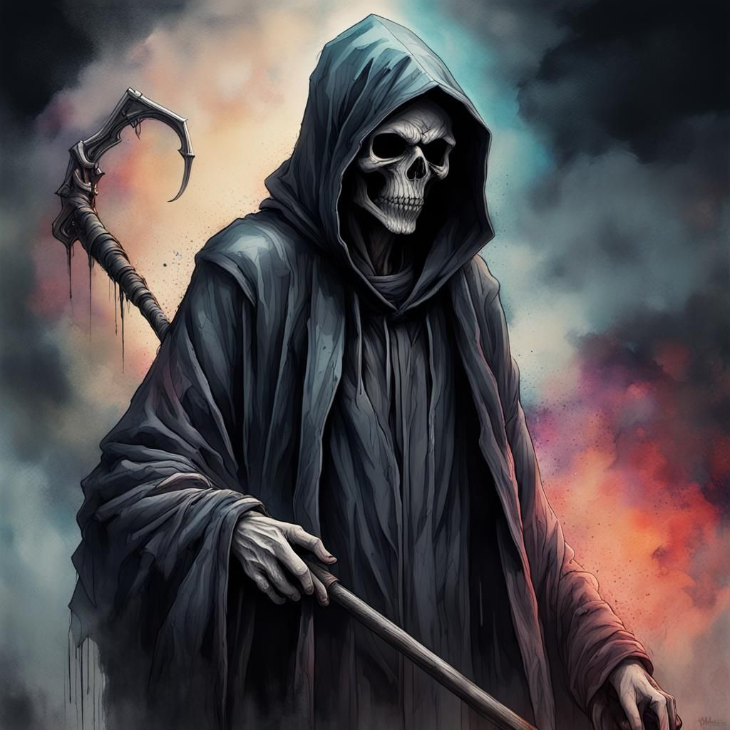 Grim Reaper in Foggy Landscape: Glitch Art Illustration