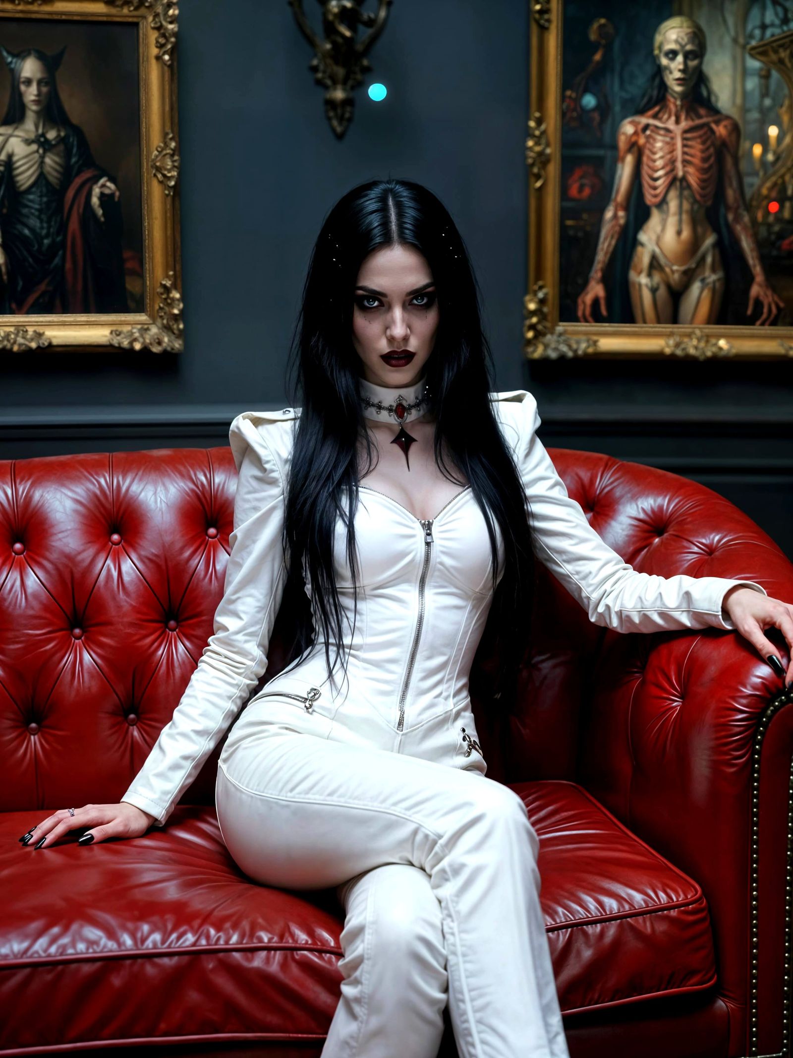 Gothic Woman in White Leather on Red Sofa