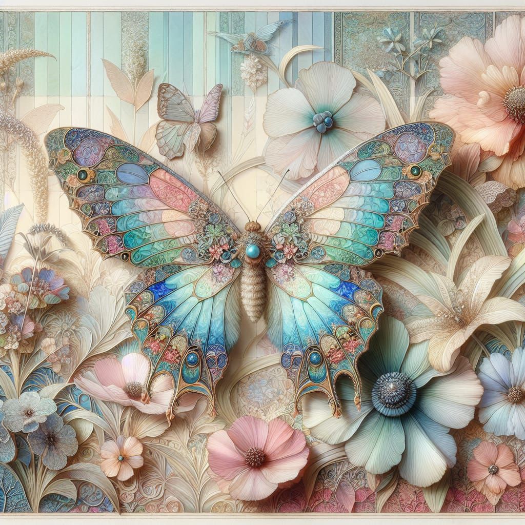 Butterfly and Flora Collage in Pastel Colors