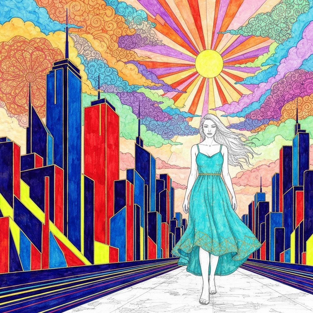 Woman in Cityscape with Vibrant Watercolour Techniques