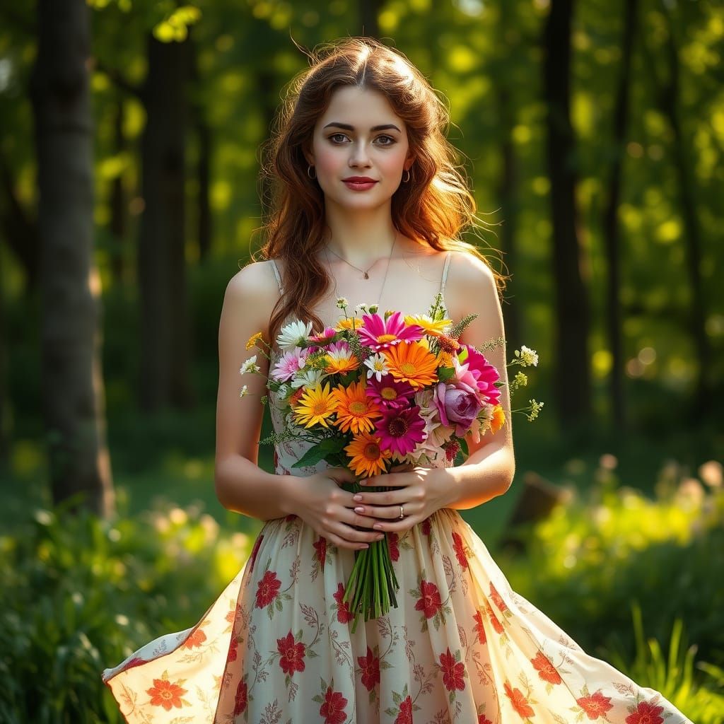 Woman with Flowers in Alphonse Mucha Style