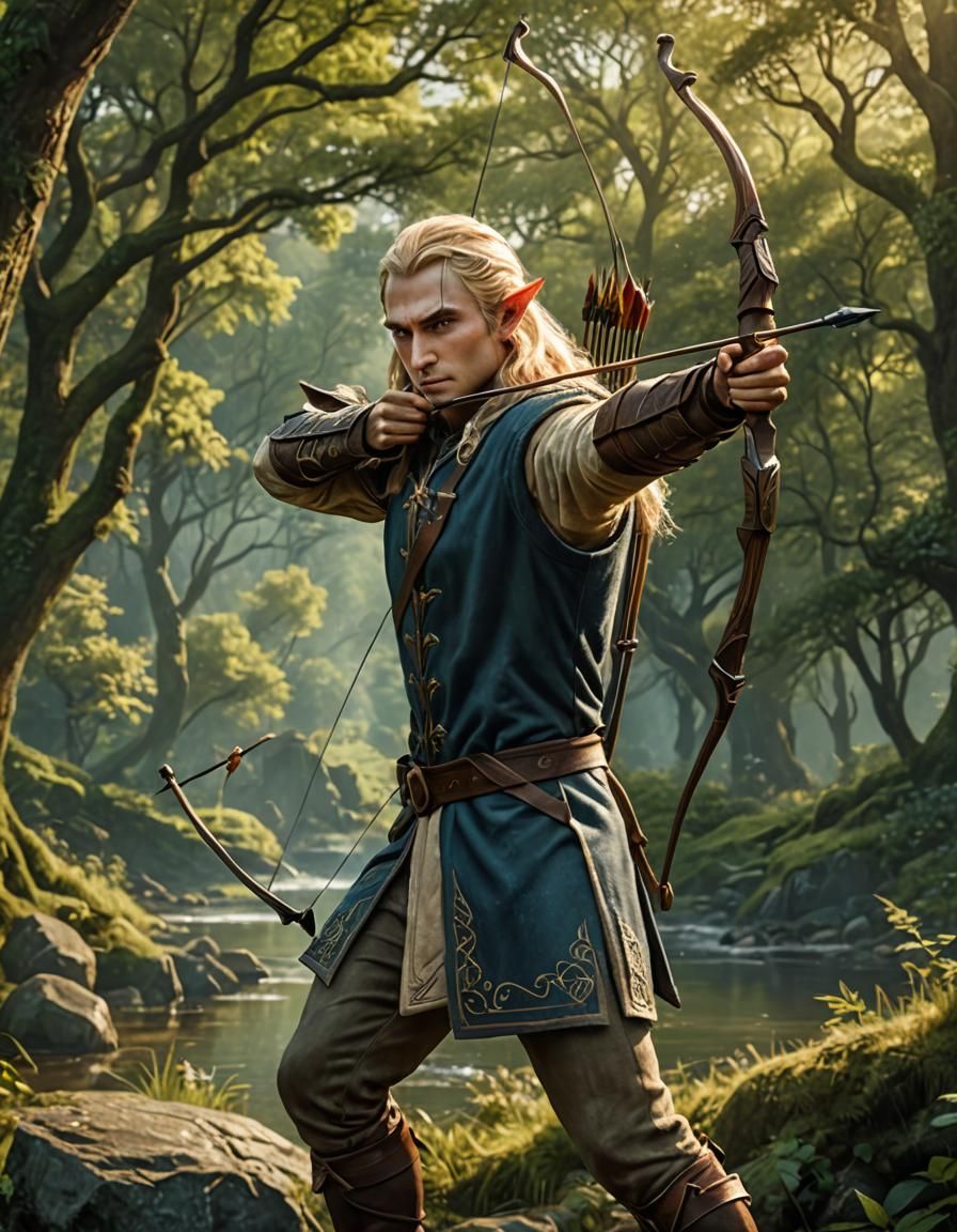 Elven Archer in Lush Woodland Setting