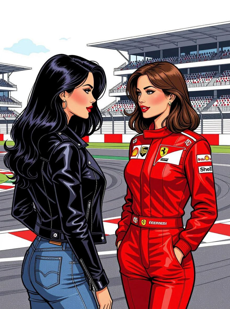 Two Women at Le Mans in Milo Manara Style