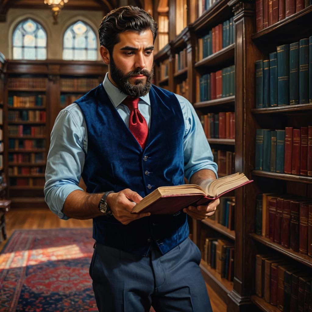 Handsome Man in Library as Neo-Impressionist Oil Painting