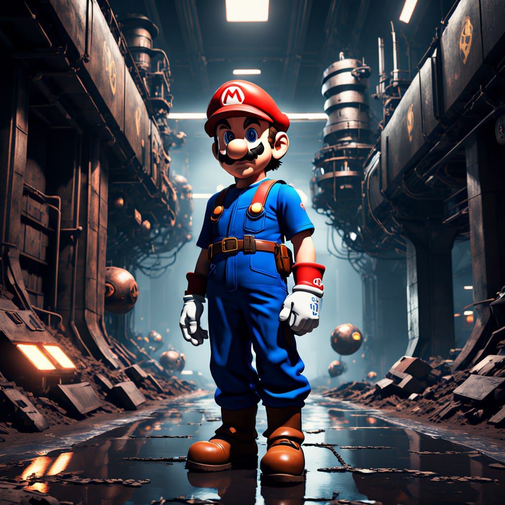 Heroic Mario in a Dystopian Industrial Landscape