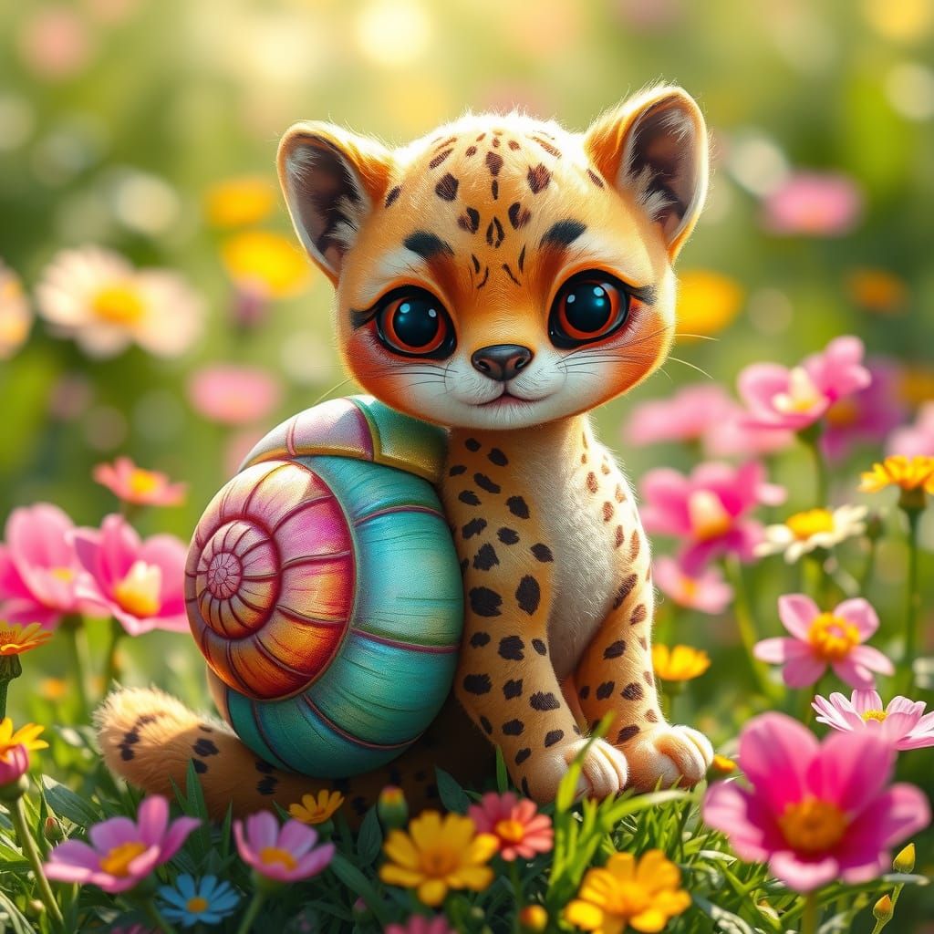 Cuddly Cheetah Snail Fairy Pet in Whimsical Meadow