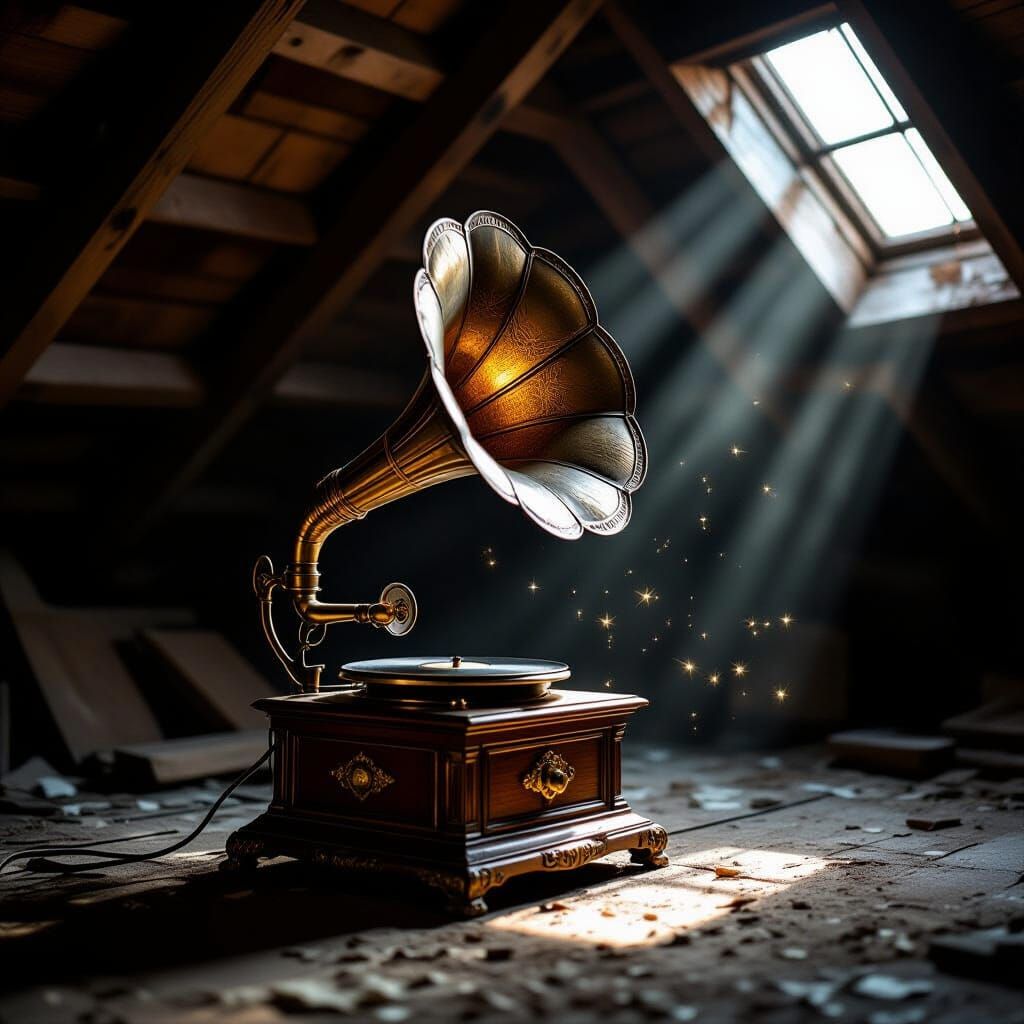 Ornate Gramophone in Dusty Attic, Antique Oil Painting Style