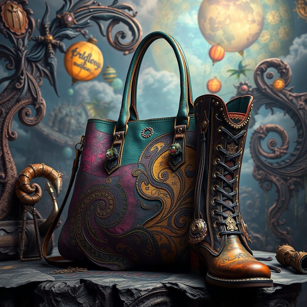 Distressed Leather Handbag and Boots in Whimsical Tim Burton...
