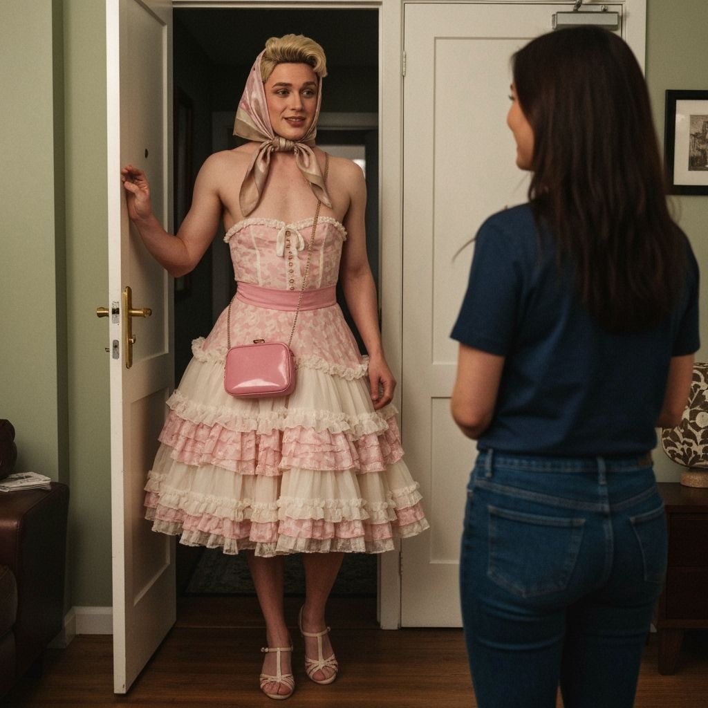 Crossdressing Man in Vintage Bardot Dress, Cinematic Style