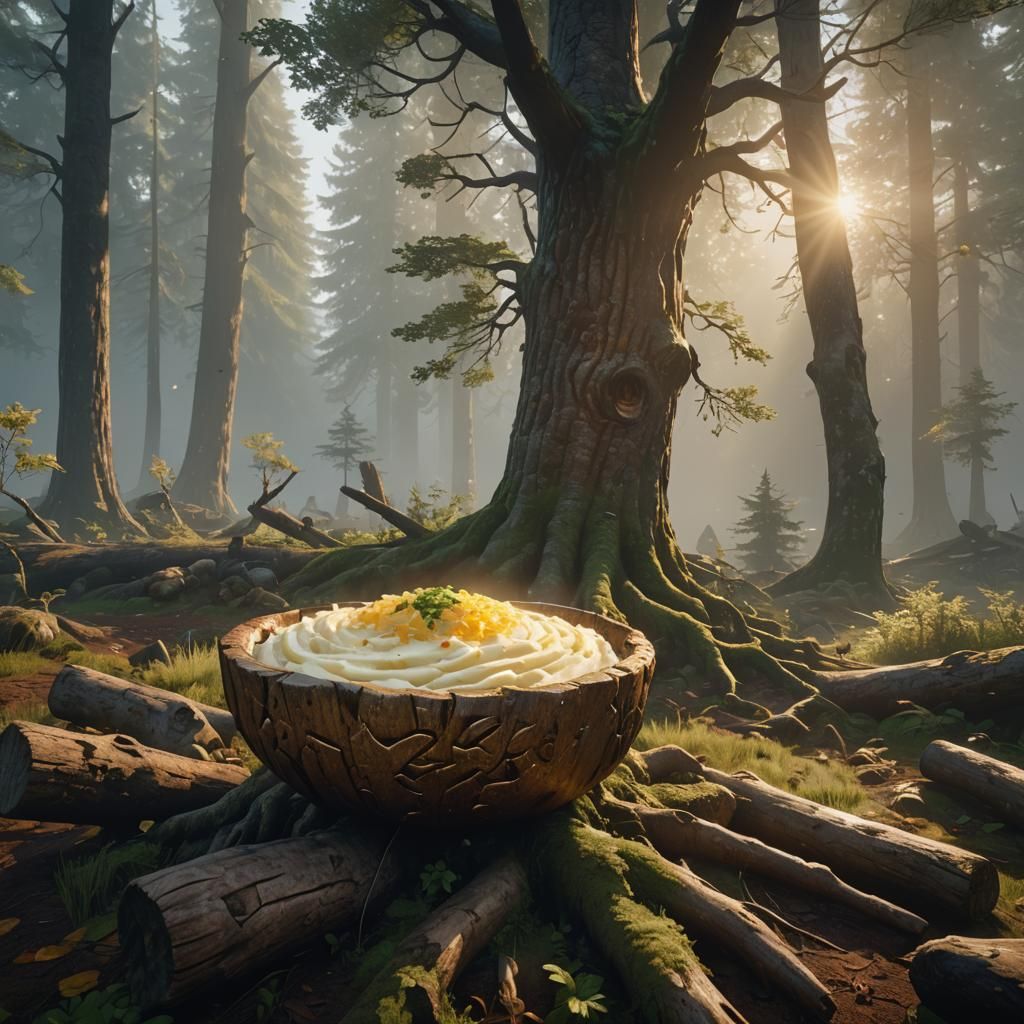 Gigantic Mashed Potato Bowl in Misty Forest