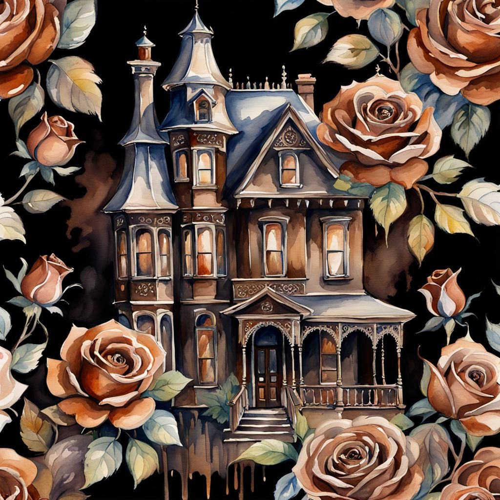 Gothic Victorian Dollhouse Watercolor in Gouache Style